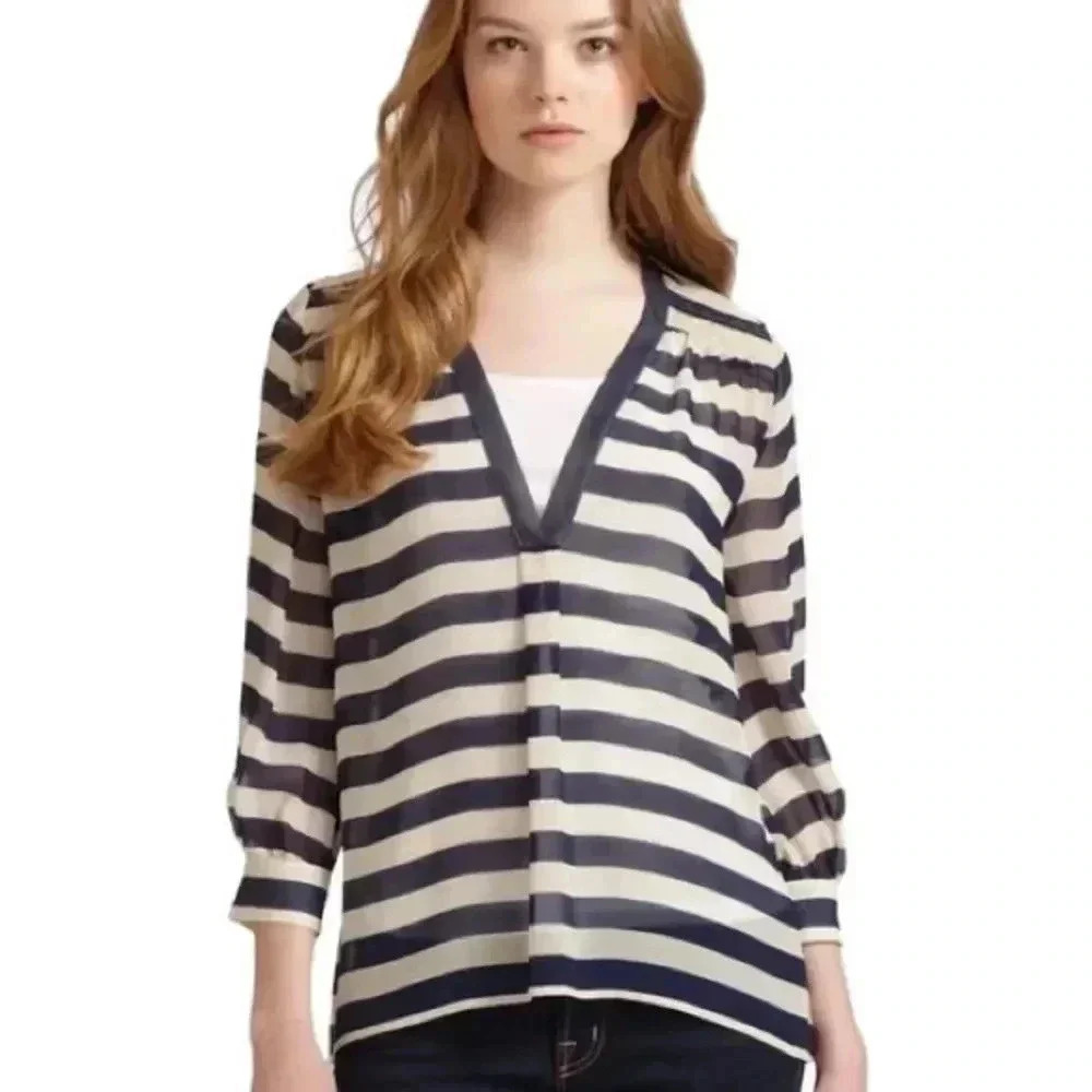 Joie 100% Silk Aceline Navy & Cream 3/4 Sleeve Blouse Size Small NWT